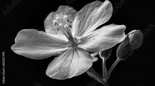  Black and white photo of water droplets on flower petal stamen
