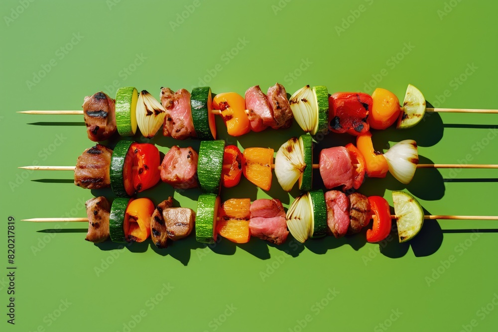 A vibrant photo of skewers loaded with colorful vegetables and meat grilling on a barbecue, isolated on a solid green background, showcasing the variety and appeal of barbecue food.