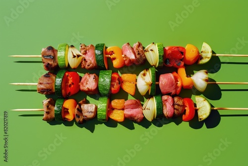 A vibrant photo of skewers loaded with colorful vegetables and meat grilling on a barbecue, isolated on a solid green background, showcasing the variety and appeal of barbecue food. © Armir