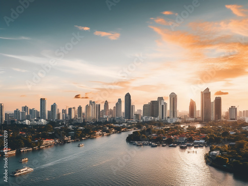 Panoramic view of Bangkok city in sunrise  softly blurred