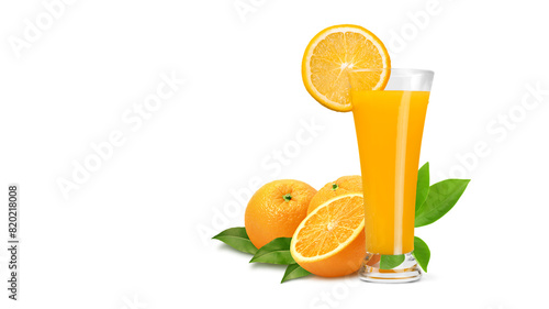 Glass of Orange juice with orange sacs and slices fruits isolate on white Solid background.