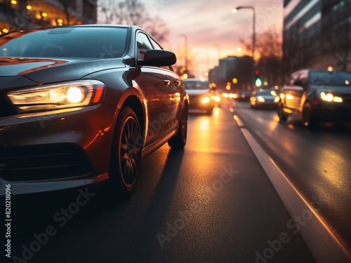 Urban evening depicted through blurred city traffic and bokeh car lights