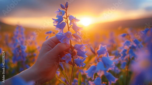 hand holding a cammon bluebell flower at sunset  photo