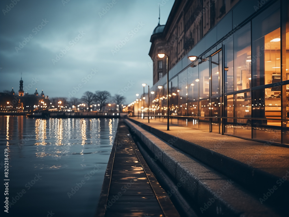 Fototapeta premium Building lights blur against a river backdrop, adding texture