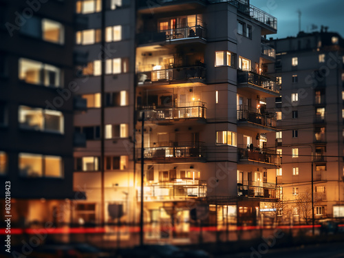 Dusk paints a blurry urban apartment block  teeming with city life