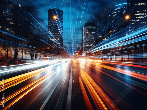 Night lights and motion blur depict the citys bustling energy