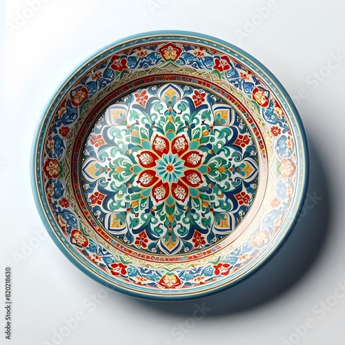 Moroccan ceramic plate painted with vibrant geometric patterns