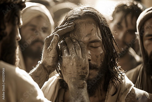 Jesus healing a blind man.	