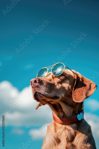 a dog in black glasses. Selective focus