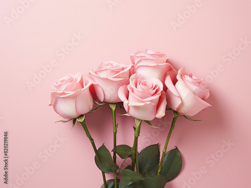 Soft pink roses create a delicate flower arrangement on pastel pink © Llama-World-studio