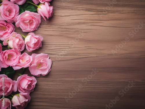 Wooden backdrop adorned with pink roses, ideal for greeting cards © Llama-World-studio
