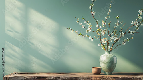 Branch of cherry blossoms in a vase against the background of a wall