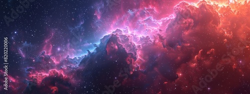A colorful space scene with a pink and orange cloud in the background