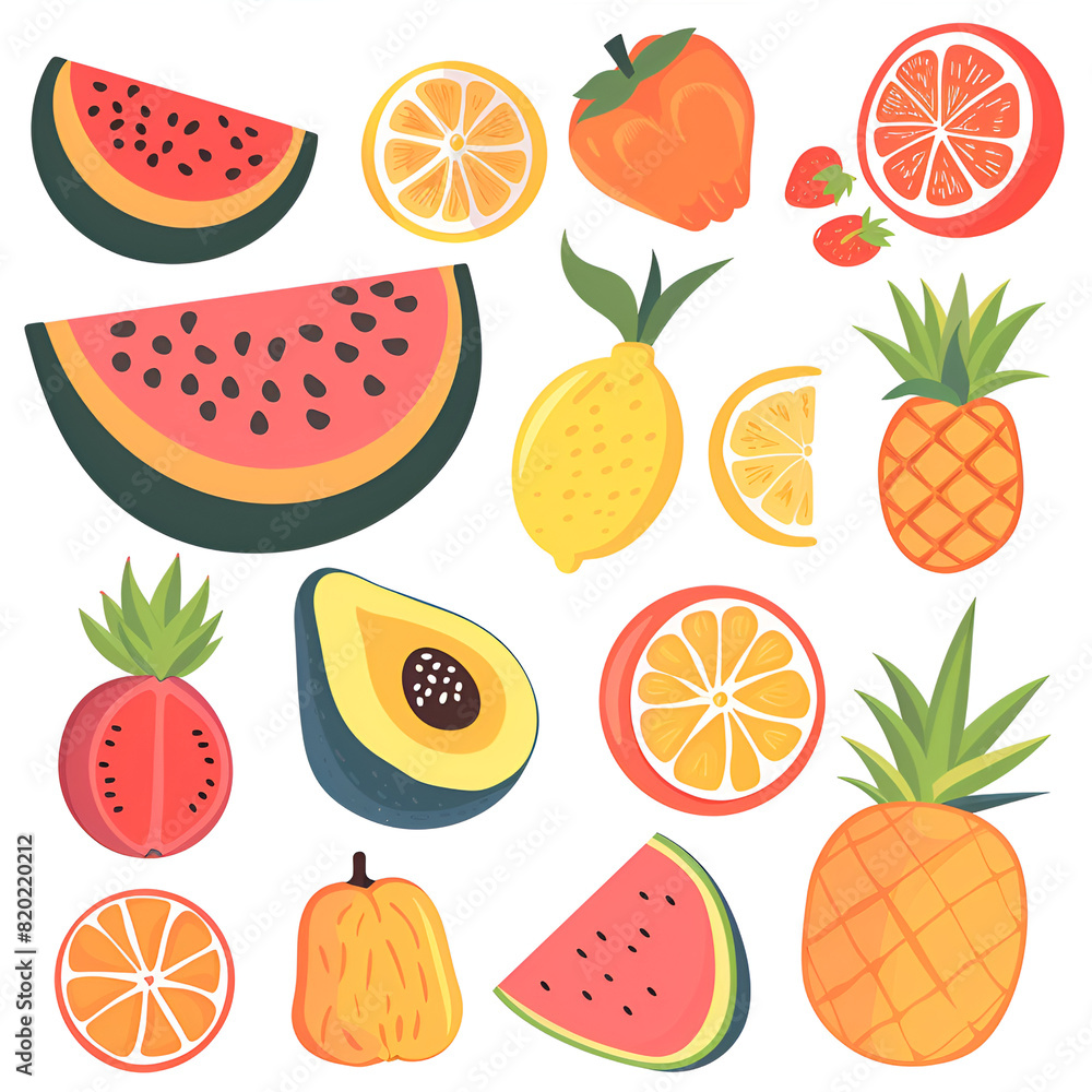 Set colorful fruits and berries. Natural tropical fruits. Apple, peach, strawberry, banana, pomegranate, pineapple, pear, orange, strawberry, grape, cherry. Organic, vegan food illustration Set colorful fruits and berries. Natural tropical fruits. Apple, peach, strawberry, banana, pomegranate, pineapple, pear, orange, strawberry, grape, cherry. Organic, vegan food illustration