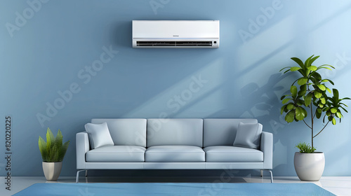 Air conditioner on a blue wall above a sofa and indoor plants