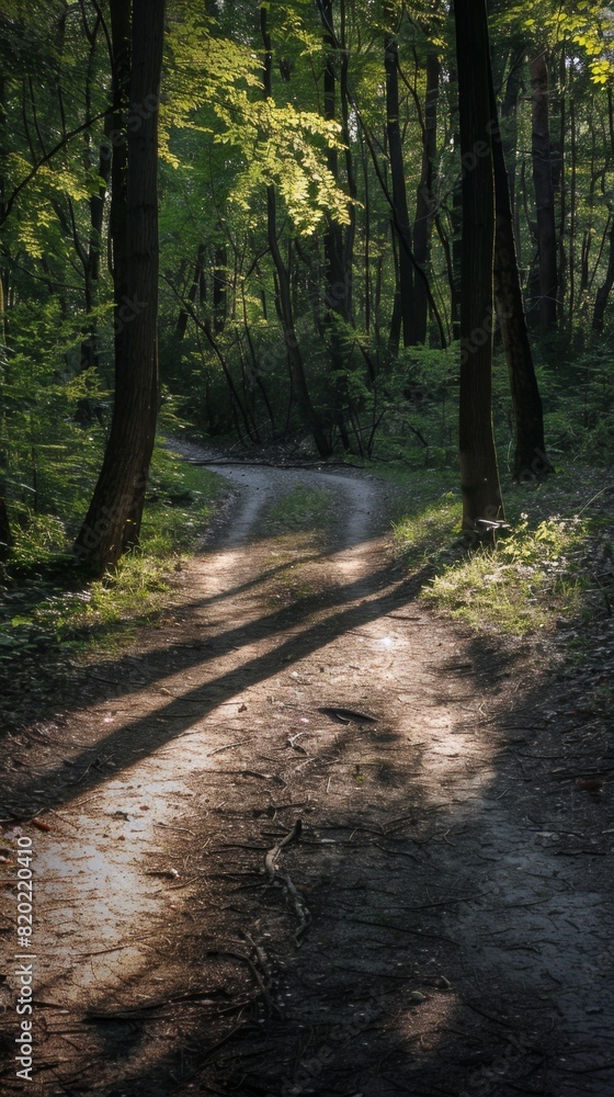 Fototapeta premium Dirt path in the woods with trees on both sides