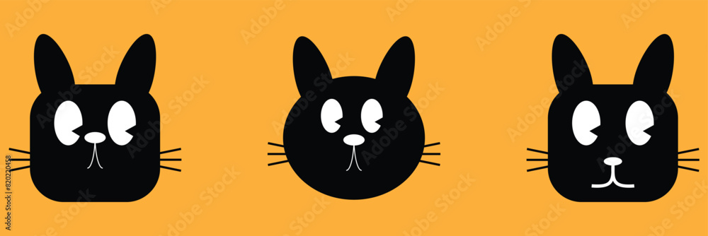 Fototapeta premium Black cat kitten kitty icon set. Cute kawaii cartoon character. Sad, angry, happy, surprised emotion. Valentines Day. Greeting card, banner, t-shirt, sticker print. Eps 10.