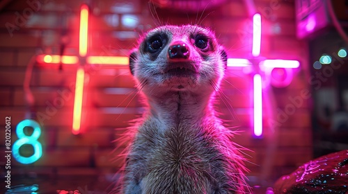   A meerkat standing in front of a neon cross in a dimly lit room photo