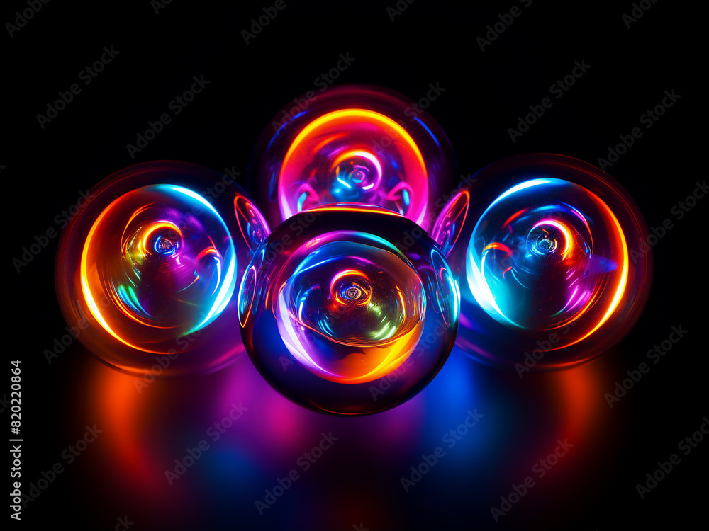 Abstract light spheres in various hues stand out vividly against a black background Abstract light spheres in various hues stand out vividly against a black background