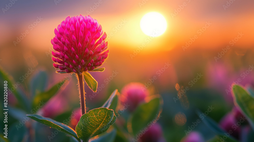 pink and purple globe amaranth flowers in nature at sunset 