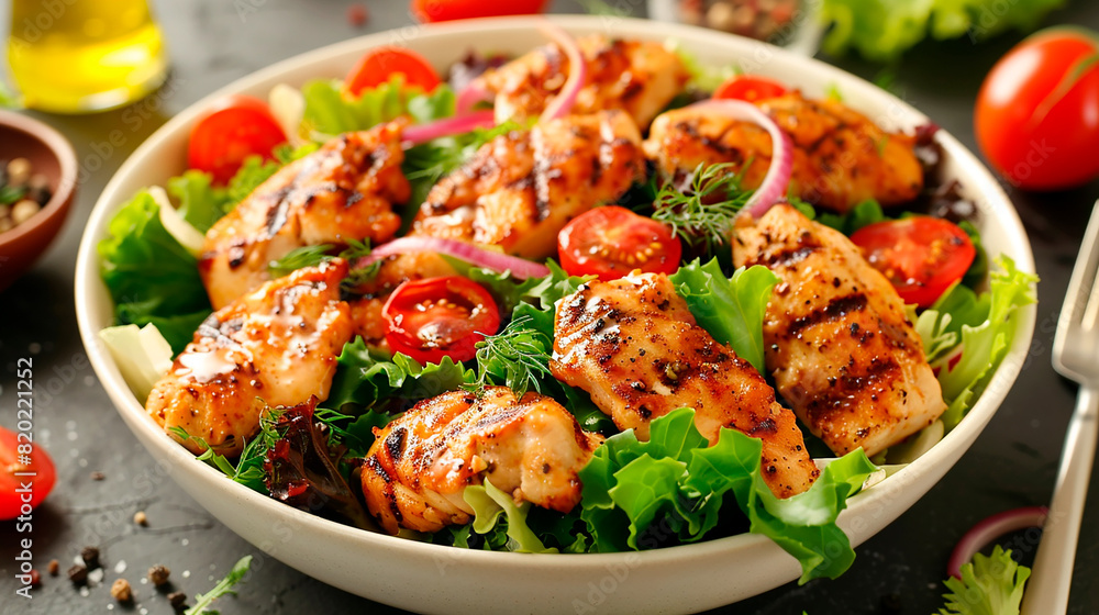 A salad with grilled chicken and tomatoes A salad with grilled chicken and tomatoes
