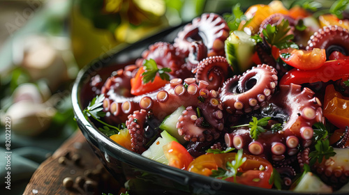 Delicious salad with seafood, octopus with vegetables in a plate © Taisiia