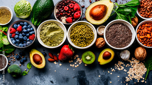 A variety of fruits and vegetables are displayed in bowls on a counter