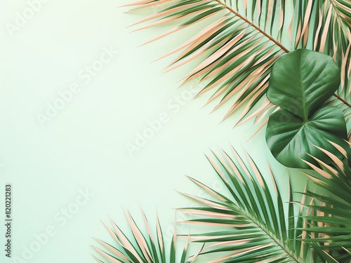 Green leaf branches on pastel colors form a summer idea