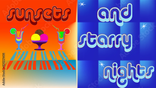 A vibrant, retro-inspired graphic design contrasting warm sunset hues with cool starry night tones.
