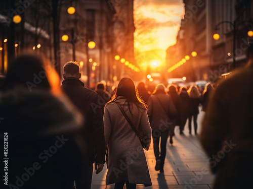 In the soft light of evening, blurred figures traverse the street, faces indistinct © Llama-World-studio