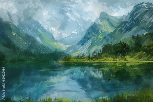 Landscape with lake and mountains.