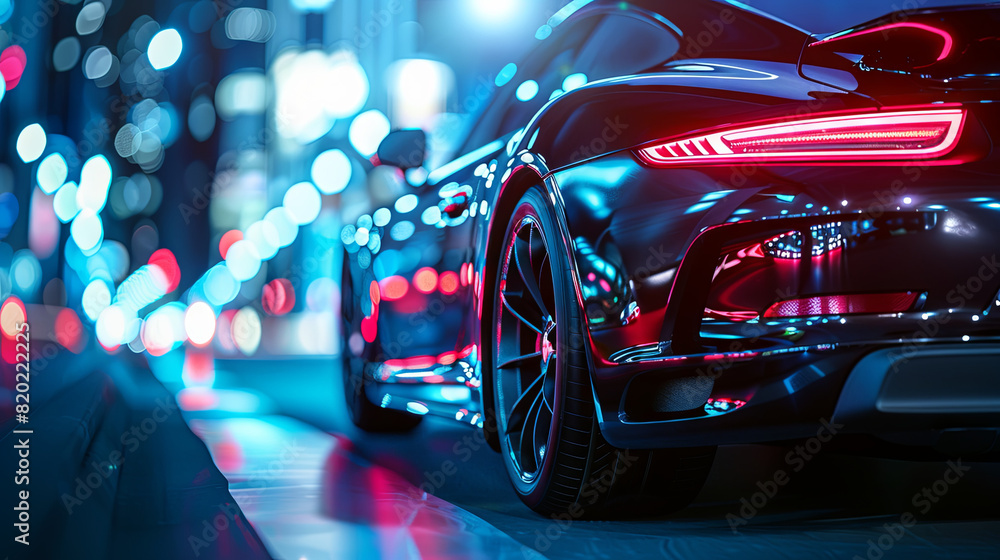 Car at speed at night in neon light Car at speed at night in neon light