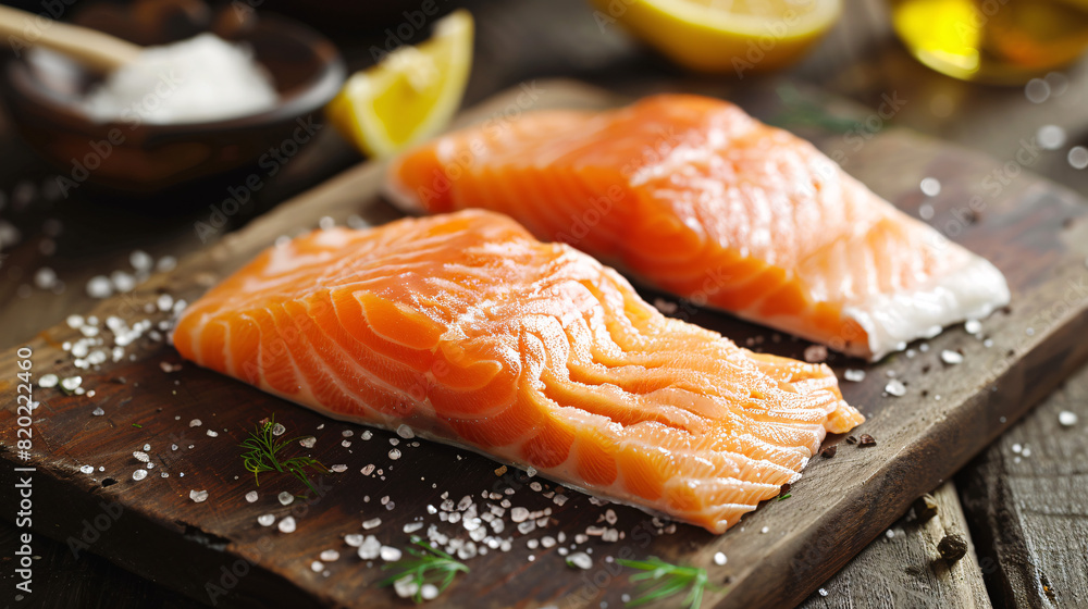 Fresh salmon fillets with dill. Two fresh salmon fillets with sprigs of dill, ready for cooking, on a rustic wooden board. Fresh salmon fillets with dill. Two fresh salmon fillets with sprigs of dill, ready for cooking, on a rustic wooden board.