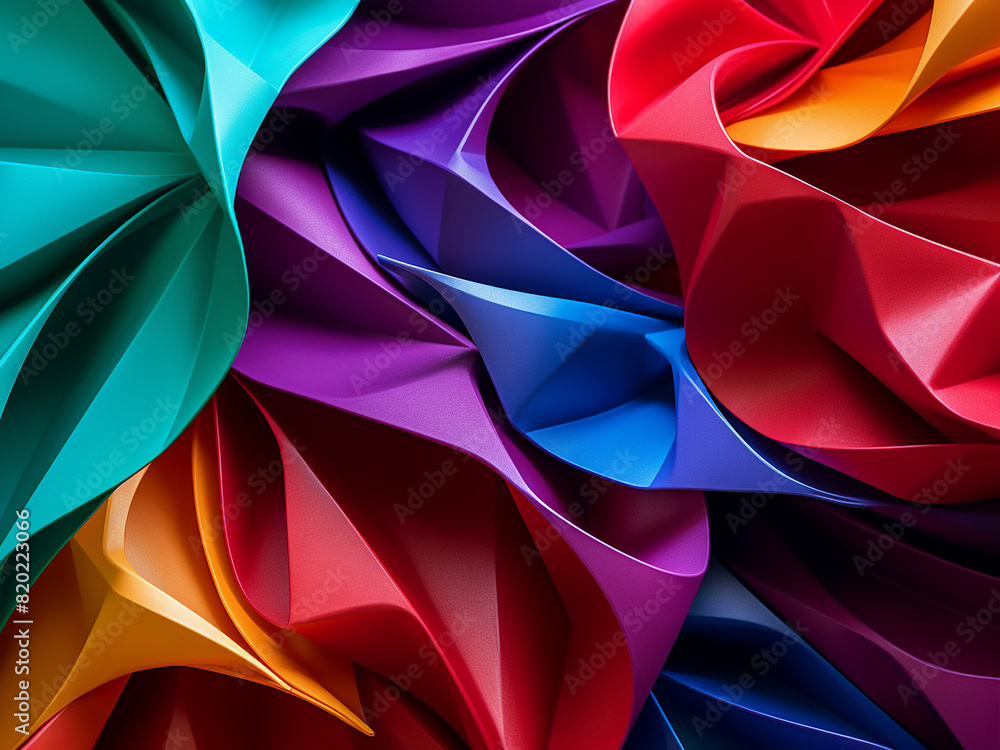 Colorful origami pattern, with curved paper, in macro shot