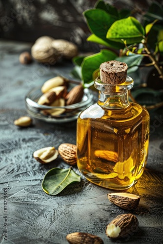 Brazil nut essential oil close-up. Selective focus photo