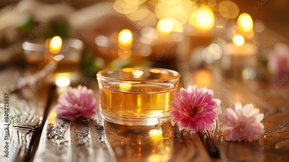 Scented candles with flowers. Aromatic candles and vibrant flowers on wooden table creating a soothing ambiance. Scented candles with flowers. Aromatic candles and vibrant flowers on wooden table creating a soothing ambiance.