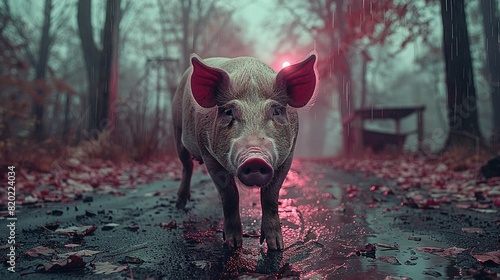   A pig trotting through a damp forest with red leaves strewn about, bathed in the glow of a crimson illumination photo
