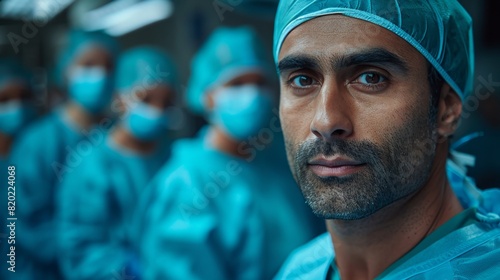surgical team collaboration, an indian male surgeon in charge of a diverse team of nurses and technicians in a busy operating room, displaying intense focus and concentration photo