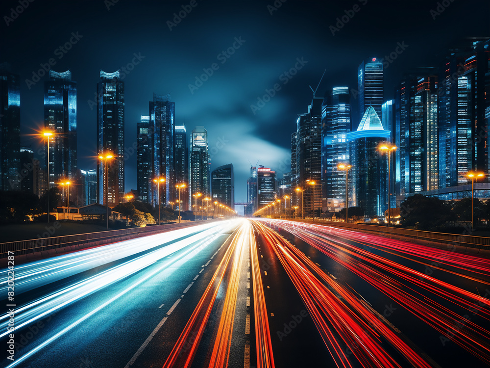 Fototapeta premium Abstract bokeh backdrop captures cityscape and highways at night