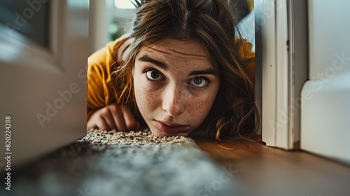 close-up of a young woman who crawls wearily down the door after returning home from school or work photo