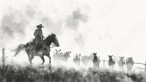 Herding Livestock: On the open range, a rancher guides their cattle across the plains. generated AI