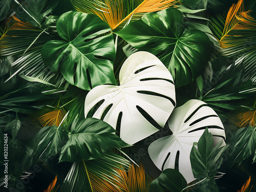 Geometric color space frames tropical leaves, creating a captivating template