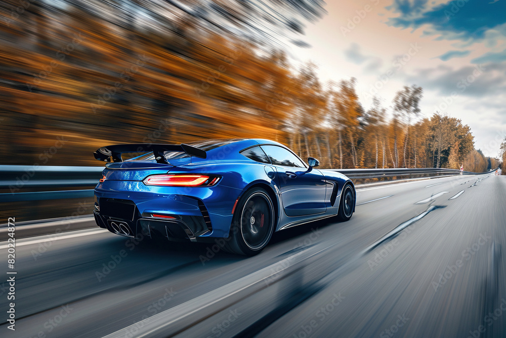 Fototapeta premium Blue car on high speed with motion blur.
