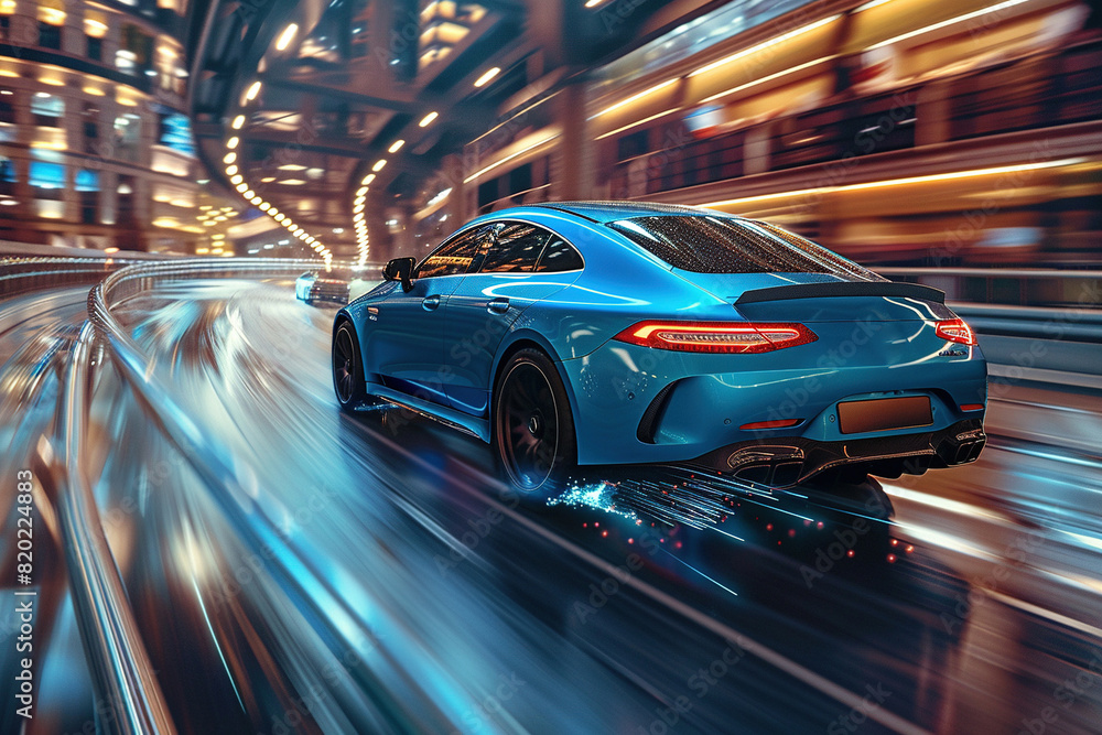 Blue car on high speed with motion blur. Blue car on high speed with motion blur.