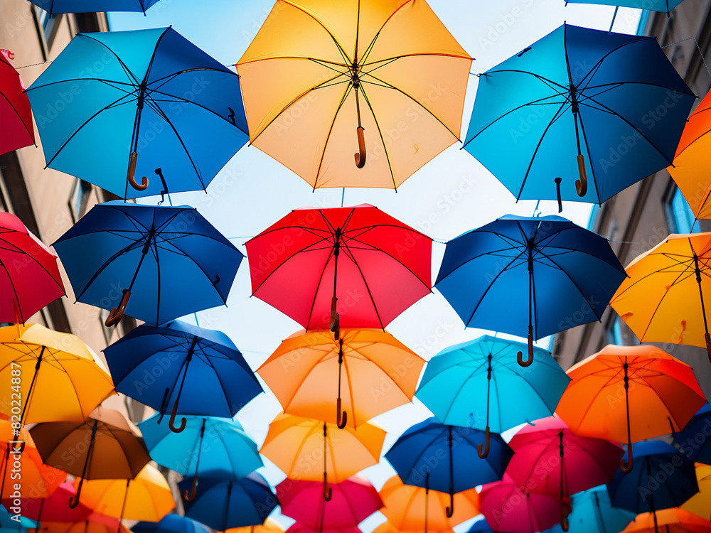 Street scene brought to life by an array of floating, colorful umbrellas Street scene brought to life by an array of floating, colorful umbrellas