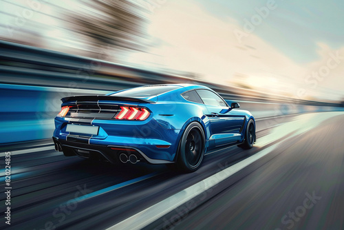 Blue car on high speed with motion blur. © Bargais