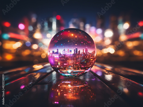 City lights blend into a blurred backdrop, predominantly red photo