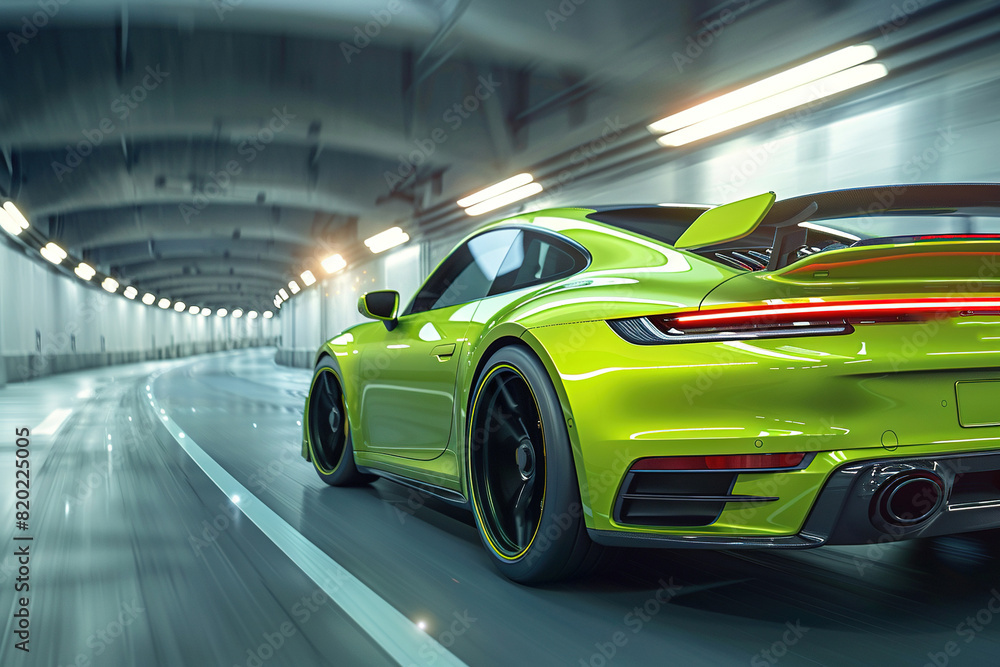 Lime green car on high speed with motion blur. Lime green car on high speed with motion blur.