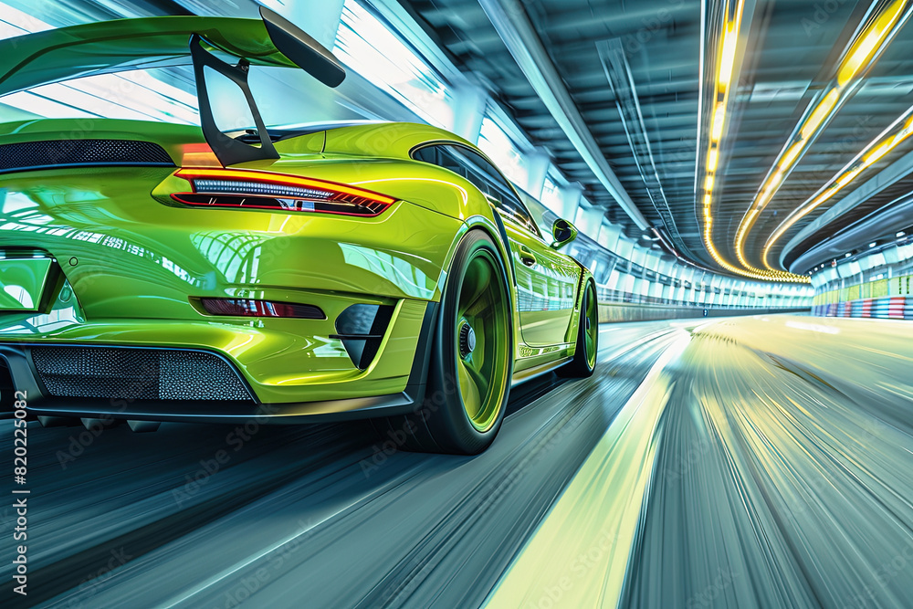 Naklejka premium Lime green car on high speed with motion blur.