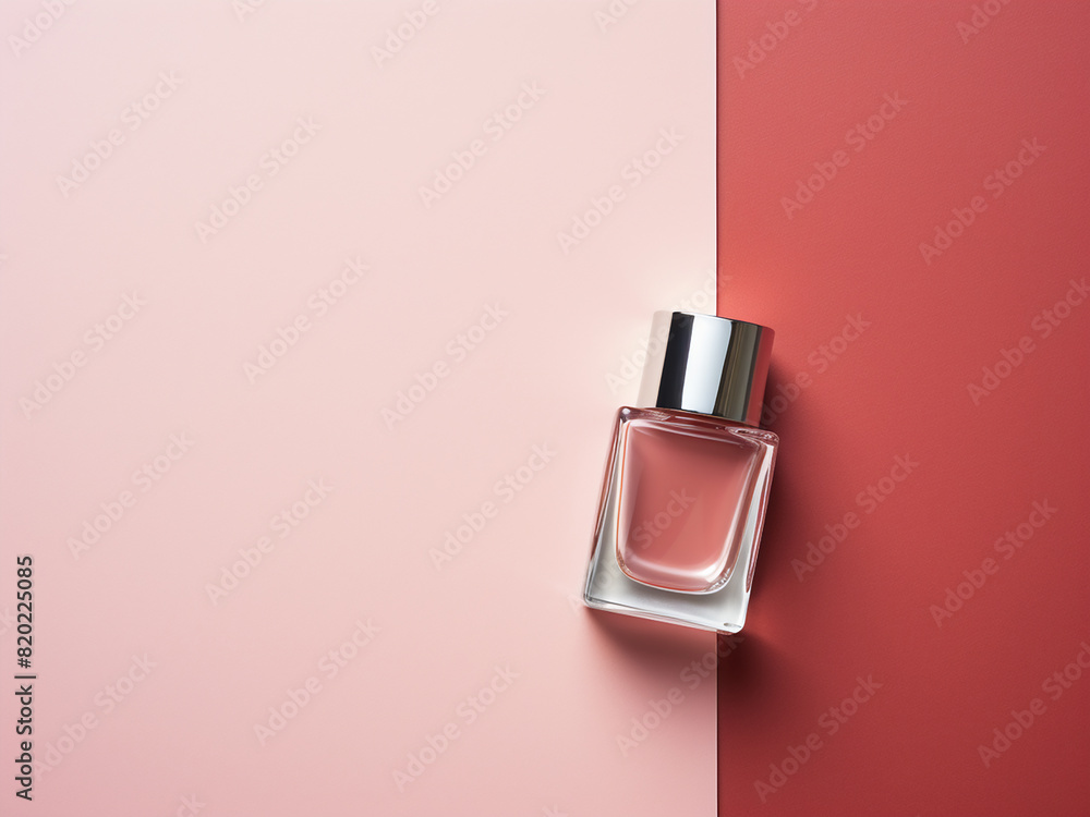 Top-down perspective of a nail polish bottle against a minimalist colored paper backdrop Top-down perspective of a nail polish bottle against a minimalist colored paper backdrop